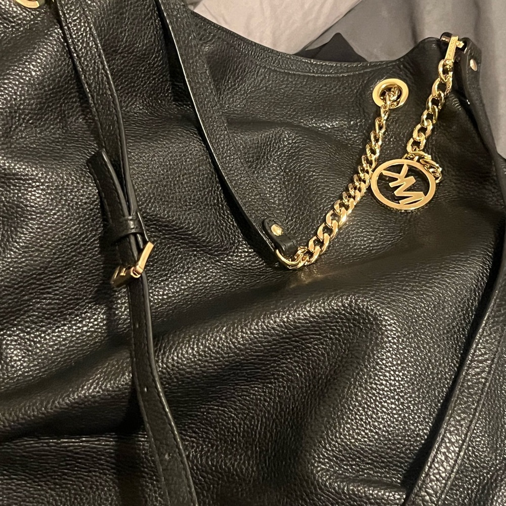 Michael Kors Black Leather Shoulder Bag with Gold Chain